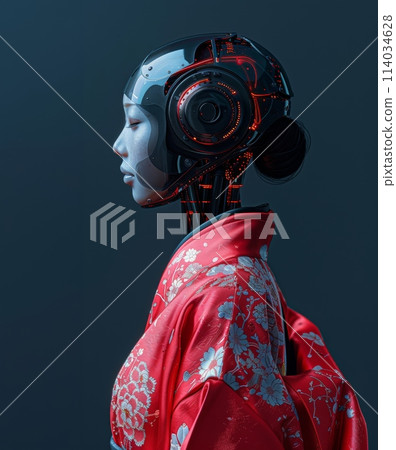 female-like robot adorned in a traditional red kimono with intricate floral patterns 114034628
