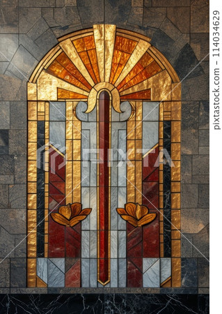 Window made with stained glass and gold, in the style of dark orange and gray 114034629