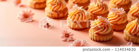 small French desserts, mini cakes, on a peach-colored background 114034630