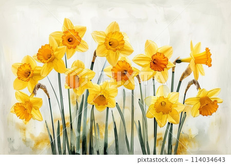 a watercolor depiction of bright yellow daffodils 114034643