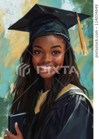 A vibrant, illustrated portrait of a young African American graduate, full of optimism 114034649