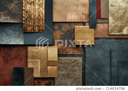 modern material panel with copper, silver, or gold tiles and metal sheets 114034706