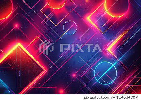 a vibrant neon geometrical background, featuring bold shapes and intense colors 114034707