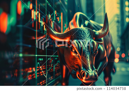 A bull statue in a city with people walking by 114034738