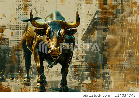 A bull with horns is standing in front of a graph 114034745