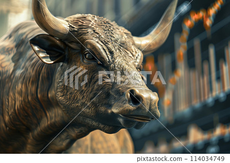 A bull with horns is standing in front of a graph 114034749