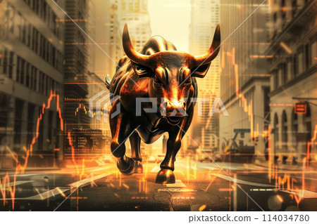 The bull is surrounded by fire, which adds to the intensity of the scene 114034780