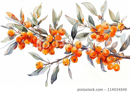 the botanical beauty of a seabuckthorn plant in a watercolor illustration with distinct lines 114034840