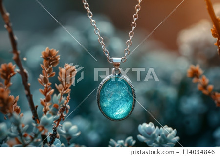 a striking blue pendant necklace suspended amidst natural flora 114034846