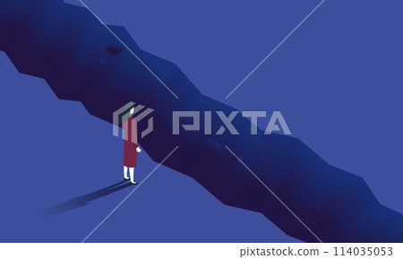 Illustration of a businesswoman standing in front of a cliff, vector 114035053