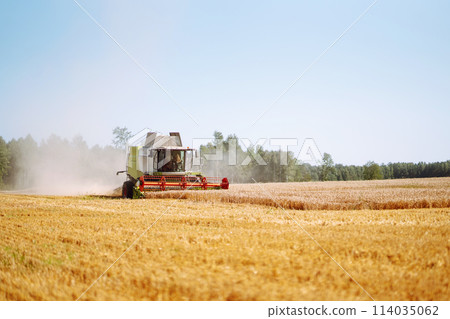 Modern industrial combine harvester harvests wheat cereals on a summer day. Rich harvest concept. Modern industrial combine harvester harvests wheat cereals on a summer day. Rich harvest concept. 114035062