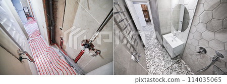 Apartment bathroom with heated floor and electric towel dryer before and after restoration. Flat with underfloor heating pipes and new renovated bathroom with sink, mirror and towel warmer. Apartment bathroom with heated floor and electric towel dryer before and after restoration. Flat with underfloor heating pipes and new renovated bathroom with sink, mirror and towel warmer. 114035065