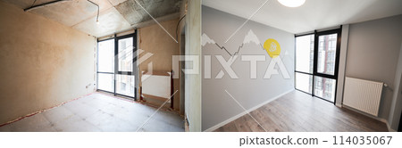 Old apartment room with brick wall and new renovated flat with parquet floor. Comparison of children room before and after renovation. 114035067