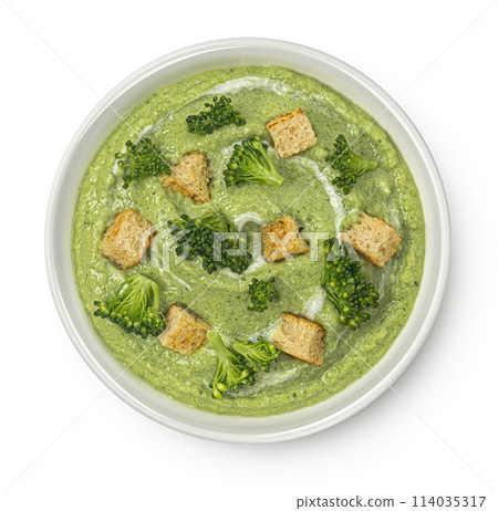 Broccoli cream soup with croutons isolated on white background, top view, package design element Broccoli cream soup with croutons isolated on white background, top view, package design element 114035317
