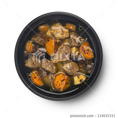 Beef stew with broth, soup with meat and vegetable isolated on white background, top view 114035331
