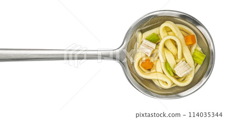 Instant chicken noodle soup in spoon isolated on white background, top view, package design element 114035344