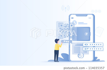 Digital wallet and mobile banking concept. Online payment, easy payment methods, QR code scanning, transferring funds, and currency exchange. Flat vector design illustration with copy space. 114035357