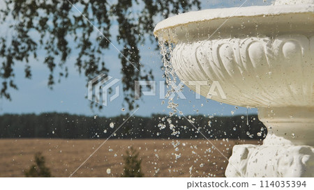 Decorative white fountain against a background of nature. 114035394