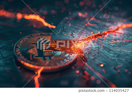 A close up of a Bitcoin coin with a slash through it A close up of a Bitcoin coin with a slash through it 114035427