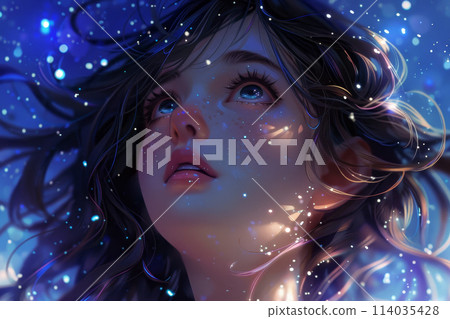 A woman with long hair is looking up at the sky 114035428