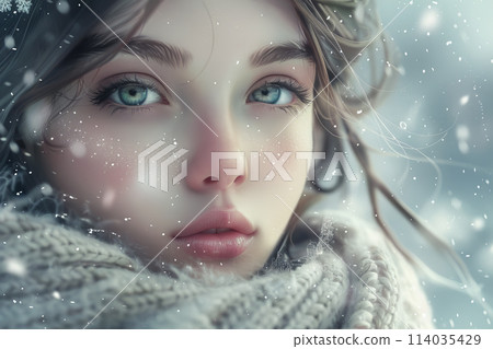 A woman with a scarf wrapped around her face is looking at the camera A woman with a scarf wrapped around her face is looking at the camera 114035429