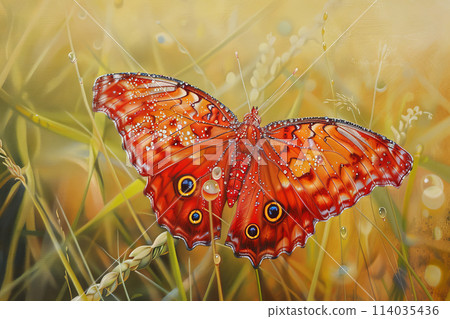 A butterfly with a red body and black eyes is sitting on a patch of grass 114035436