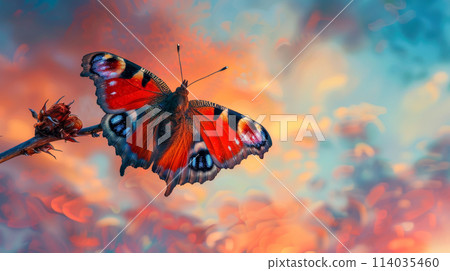 A red butterfly is flying over a field of grass A red butterfly is flying over a field of grass 114035460