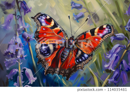 A painting of a red and blue butterfly with purple flowers in the background A painting of a red and blue butterfly with purple flowers in the background 114035481