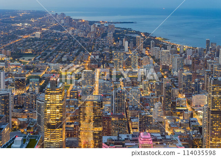 Sunset aerial view of the downtown landscape from the Willis Tower Sunset aerial view of the downtown landscape from the Willis Tower 114035598
