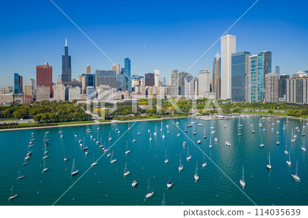 Sunny aerial view of the downtown cityscape Sunny aerial view of the downtown cityscape 114035639