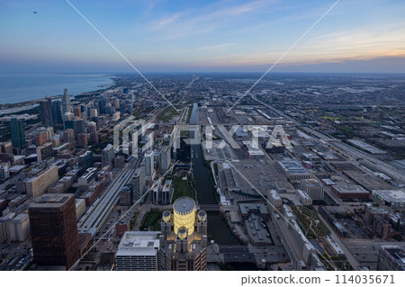 Sunset aerial view of the downtown landscape from the Willis Tower Sunset aerial view of the downtown landscape from the Willis Tower 114035671