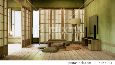 The japan low table in living room Japanese style with decoration muji minimal. 3D rendering The japan low table in living room Japanese style with decoration muji minimal. 3D rendering 114035994