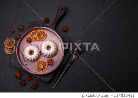 Delicious round pink and white cheesecake lactose-free, sugar-free, healthy nutrition 114036431