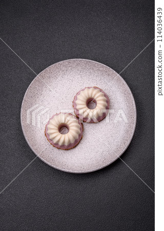 Delicious round pink and white cheesecake lactose-free, sugar-free, healthy nutrition 114036439