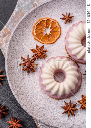 Delicious round pink and white cheesecake lactose-free, sugar-free, healthy nutrition 114036448