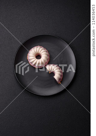 Delicious round pink and white cheesecake lactose-free, sugar-free, healthy nutrition 114036453