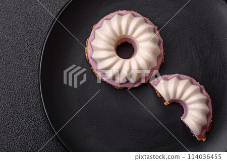 Delicious round pink and white cheesecake lactose-free, sugar-free, healthy nutrition Delicious round pink and white cheesecake lactose-free, sugar-free, healthy nutrition 114036455