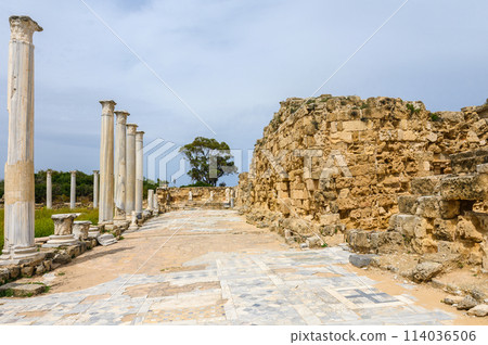 old columns of salamis ruins, ancient city north cyprus and blue sky 4 old columns of salamis ruins, ancient city north cyprus and blue sky 4 114036506