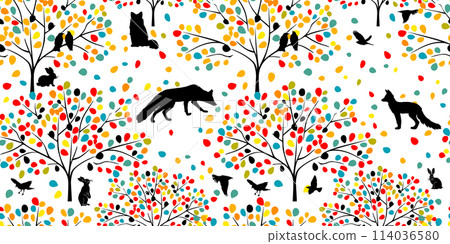 Seamless background colored forest with animals. hand drawing. Not AI, Vector illustration Seamless background colored forest with animals. hand drawing. Not AI, Vector illustration 114036580