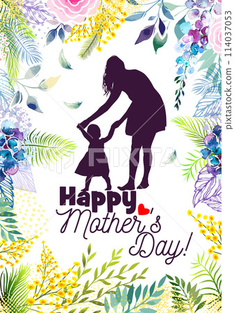 Mom and baby silhouette with flowers. Happy Mothers Day Greeting Card. Not AI. Vector illustration 114037053