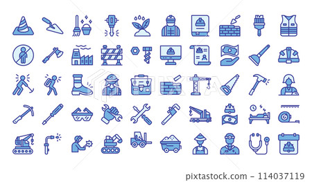 Labor Day Icons Bundle.Blue-color outline icons style. Vector illustration. 114037119