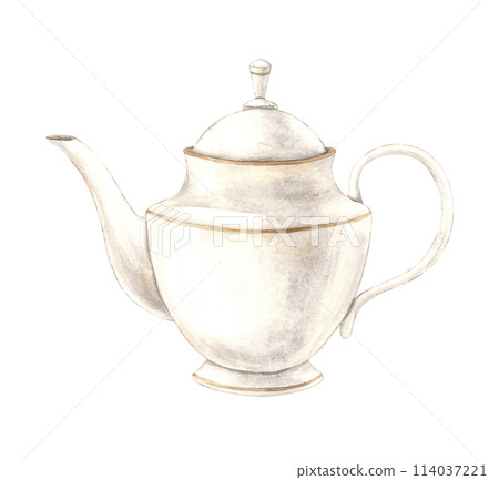 Watercolor drawing of a ceramic teapot with gold braid. Illustration hand drawn on white background, suitable for menu design, packaging, poster, website, textile, invitation, brochure, textile. 114037221