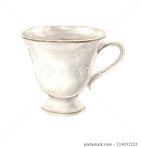 Watercolor drawing of a ceramic mug with gold braid. Illustration hand drawn on white background, suitable for menu design, packaging, poster, website, textile, invitation, brochure, textile. 114037222