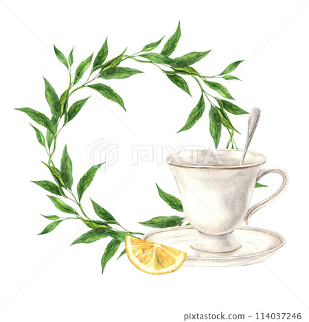 Watercolor tea round frame with ceramic vintage mug and calendula. Illustration is hand drawn, suitable for menu design, packaging, poster, website, textile, invitation, brochure, textile. Watercolor tea round frame with ceramic vintage mug and calendula. Illustration is hand drawn, suitable for menu design, packaging, poster, website, textile, invitation, brochure, textile. 114037246