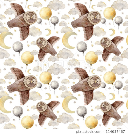 Childish watercolor pattern with owl, starry sky, balloon, moon and clouds on a white background. Isolated hand drawn illustration for children's interior, cards, stickers, textiles, design. Childish watercolor pattern with owl, starry sky, balloon, moon and clouds on a white background. Isolated hand drawn illustration for children's interior, cards, stickers, textiles, design. 114037467