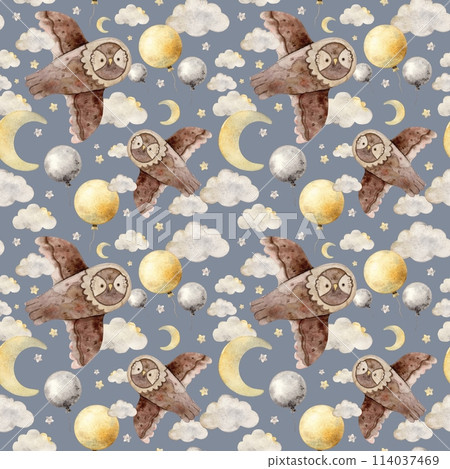 Childish watercolor pattern with owl, starry sky, balloon, moon and clouds on a gray background. Isolated hand drawn illustration for children's interior, cards, stickers, textiles, design. 114037469
