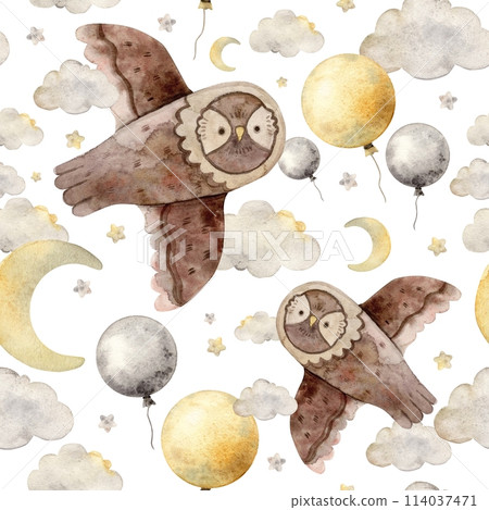 Childish watercolor pattern with owl, starry sky, balloon, moon and clouds on a white background. Isolated hand drawn illustration for children's interior, cards, stickers, textiles, design. 114037471