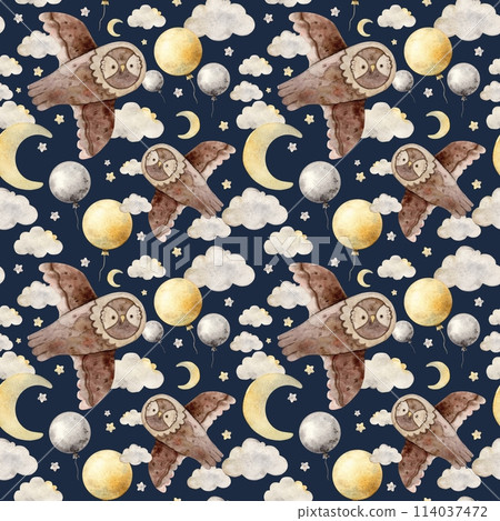 Childish watercolor pattern with owl, starry sky, balloon, moon and clouds on a blue background. Isolated hand drawn illustration for children's interior, cards, stickers, textiles, design. Childish watercolor pattern with owl, starry sky, balloon, moon and clouds on a blue background. Isolated hand drawn illustration for children's interior, cards, stickers, textiles, design. 114037472
