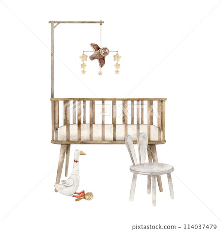 Watercolor crib for a New Year's baby with a mobile, a plush goose, an owl and a white chair. Isolated hand drawn illustration for children's interior, cards, stickers, textiles, design, invitations 114037479