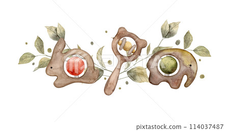 Watercolor composition with wooden rattles, elephant, hare, bear and green plants. Illustration hand drawn on isolated background for cards, interior, stickers, textiles, design, invitations. 114037487